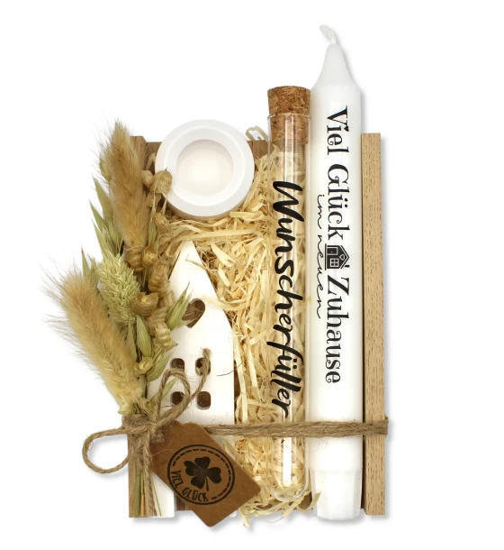 Geschenk-Set &bdquo;Zum Einzug&ldquo; in Holzbox (1 Kerze)