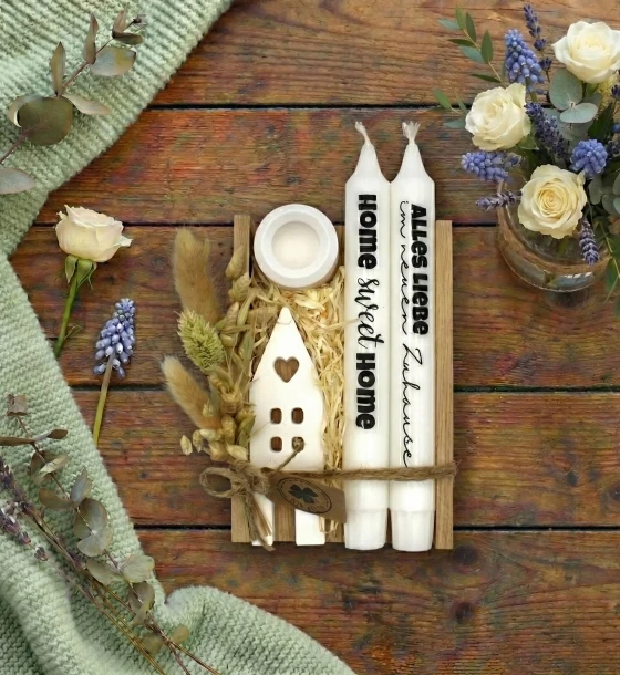 Geschenk-Set Einzug Holzbox 2 Kerzen