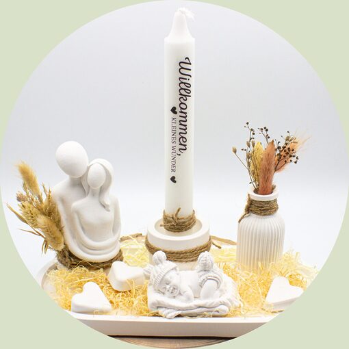 Geschenk-Set zur Geburt "Willkommen" mit einer Kerze