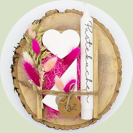 Zum Geburtstag "Pustekuchen" in Holzbox (Kuchenstück)