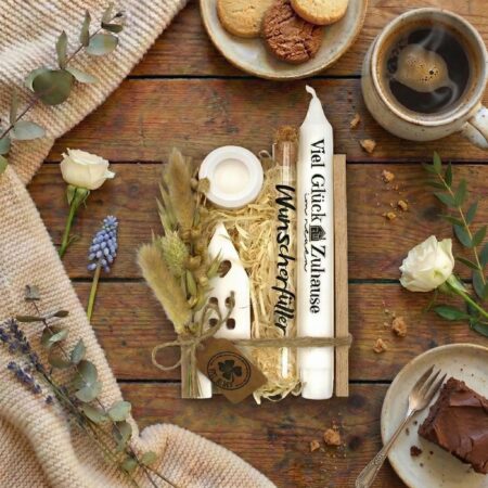 Geschenk-Set "Zum Einzug" in Holzbox (1 Kerze)