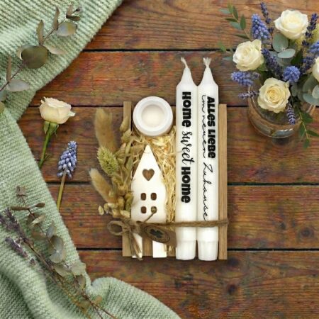 Geschenk-Set "Zum Einzug" in Holzbox (2 Kerzen)