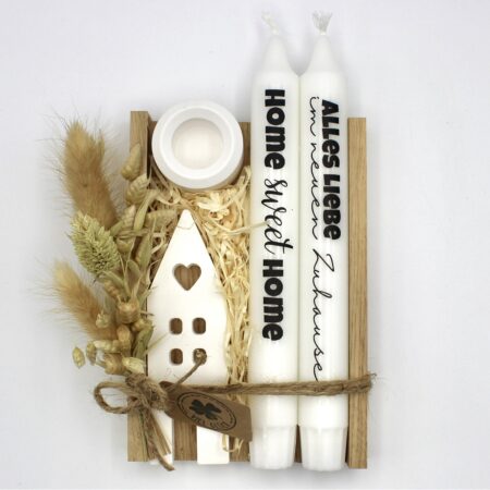 Geschenk-Set "Zum Einzug" in Holzbox (2 Kerzen)
